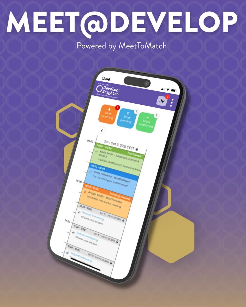 A phone screen depicting the Meet@Develop platform.