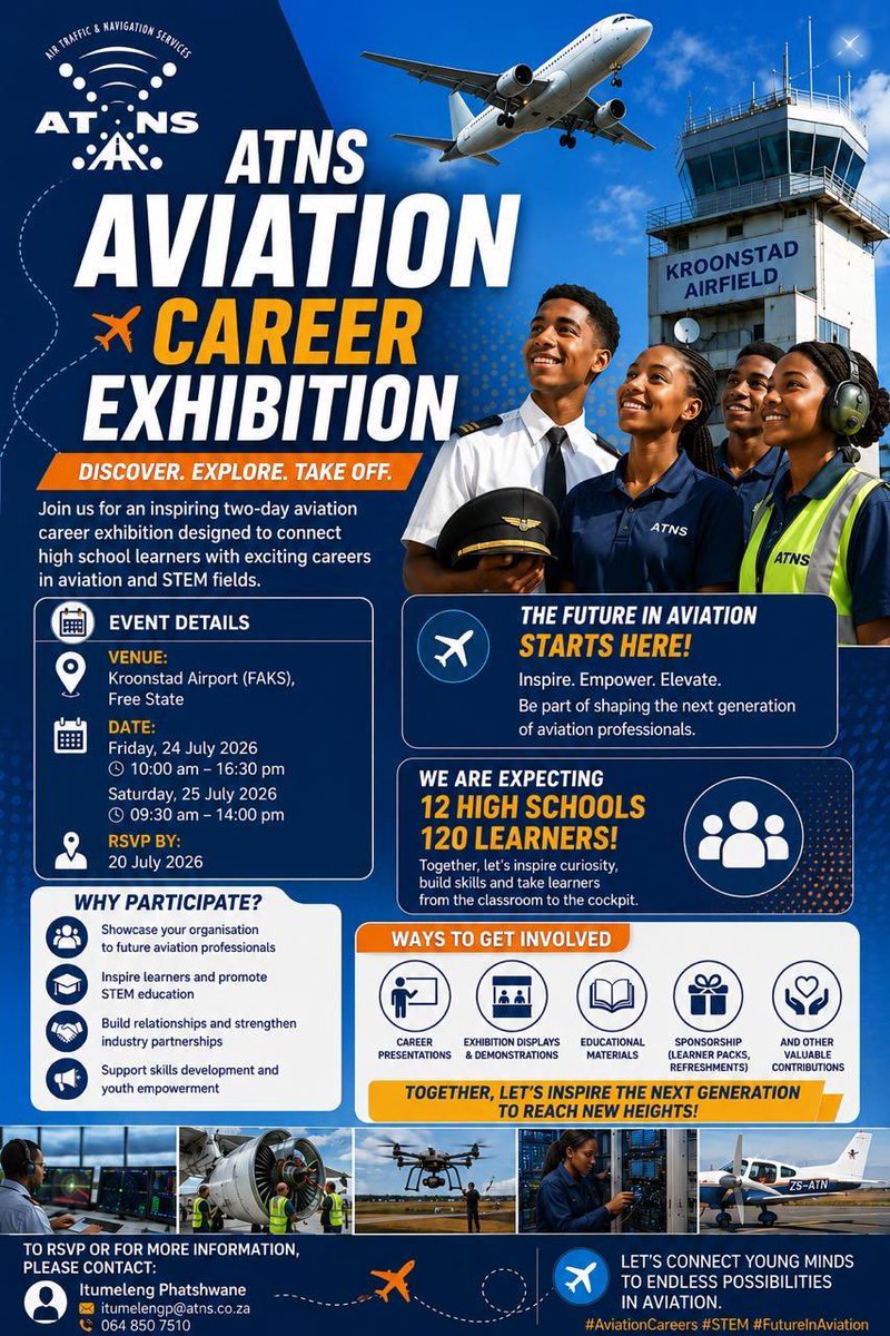 ATNSSA's tweet photo. Aviation career awareness Kroonstad.
See you there!

#safeskies✈️ https://t.co/MsoRbWjkrU