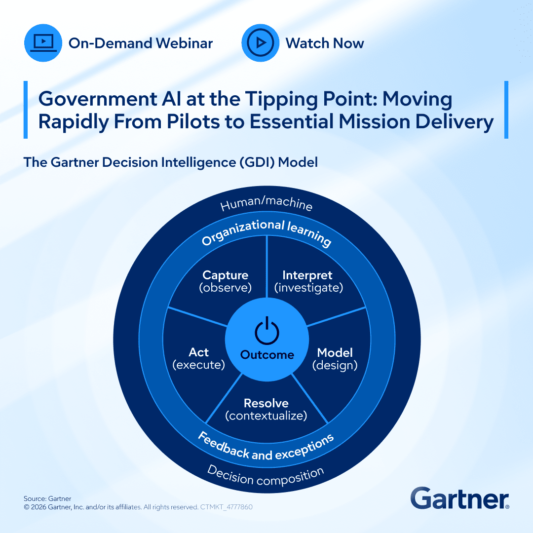 Gartner_inc's tweet photo. How can governments move AI beyond pilots? 

Get strategies to institutionalize AI, implement agentic workflows, and build sustainable, high-performance public-sector operations in our on-demand webinar: https://t.co/271XTK3GYw https://t.co/ed8akFYGSk