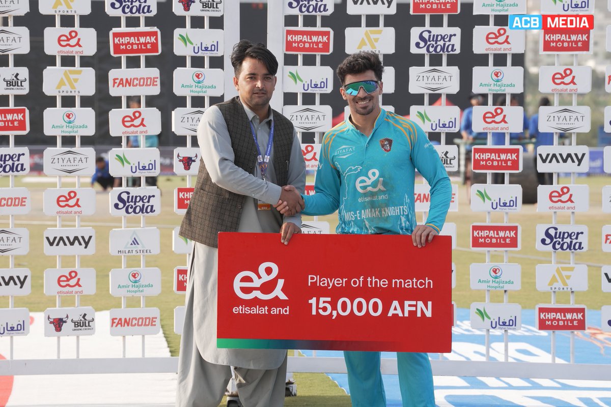 ACBofficials's tweet photo. Award Winners this afternoon! 🏅

e& Player of the Match: @RGurbaz_21 107* (39)
Ziyafat Restaurant Game Changer: Bilal Sami 3/33
Amir Hajizada Hospital Stylish Player: Khalid Taniwal 50 (26)
Khpalwaak Mobile Most Sixes: Rahmanullah Gurbaz (11 Sixes)

#Shpageeza | #SCLXI | #e& – Go for More | #SuperCola – Share the Love