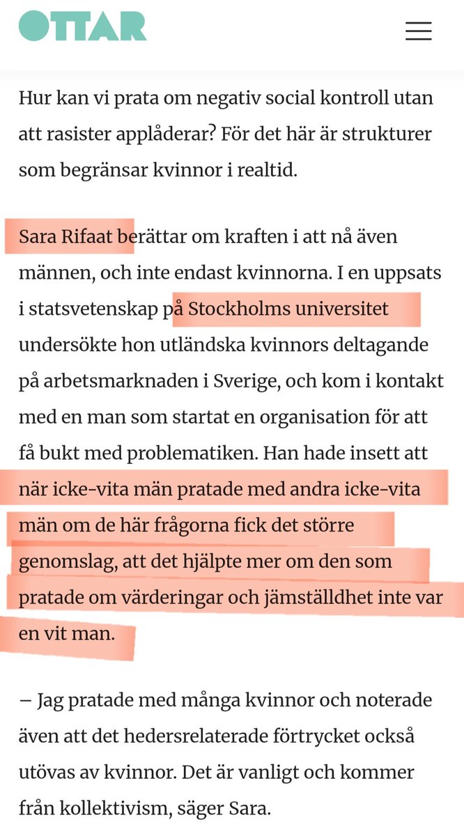 PlainviewLegacy's tweet photo. Noterar också att reportern Sara Rifaat råkar gå på samma universitet där Ludvig Beckman är verksam. Hon har även studerat i Egypten, för att, orsaker...
Rifaat, som förstås är både feminist och sk antirasist, har i RFSUs tidning argumenterat utifrån hudfärg. Hon vill i frågan om hedersförtryck inte skuldbelägga muslimer, utan gruppen män och gruppen kvinnor.
Rifaat har bakgrund som kulturreporter på arabiska nyhetskanalen Al-Kompis som jag gissar betalas av svenskar.