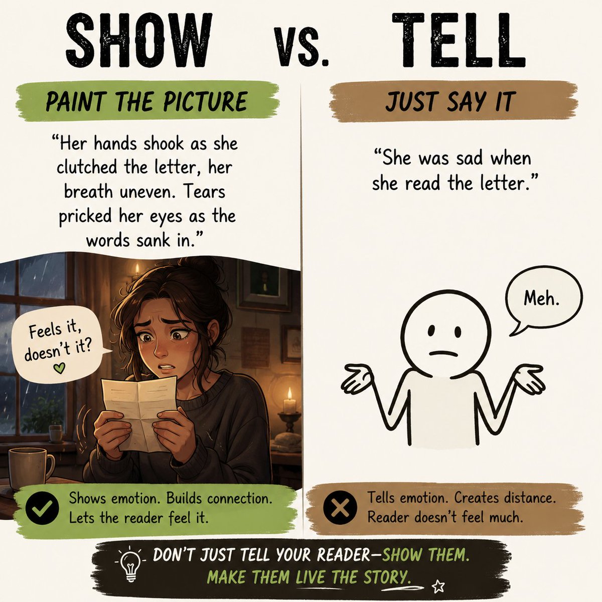 Diligentreaderr's tweet photo. Stop telling your readers what happened.

Make them feel it.

Show. Don't tell.

What's your favorite way to make a scene come alive?

#WritingCommunity #AmWriting #AuthorCommunity #WritingTips #Storytelling #WritingCraft #IndieAuthor #NovelWriting #CreativeWriting #BookWriting https://t.co/Z16PVZJ6Co