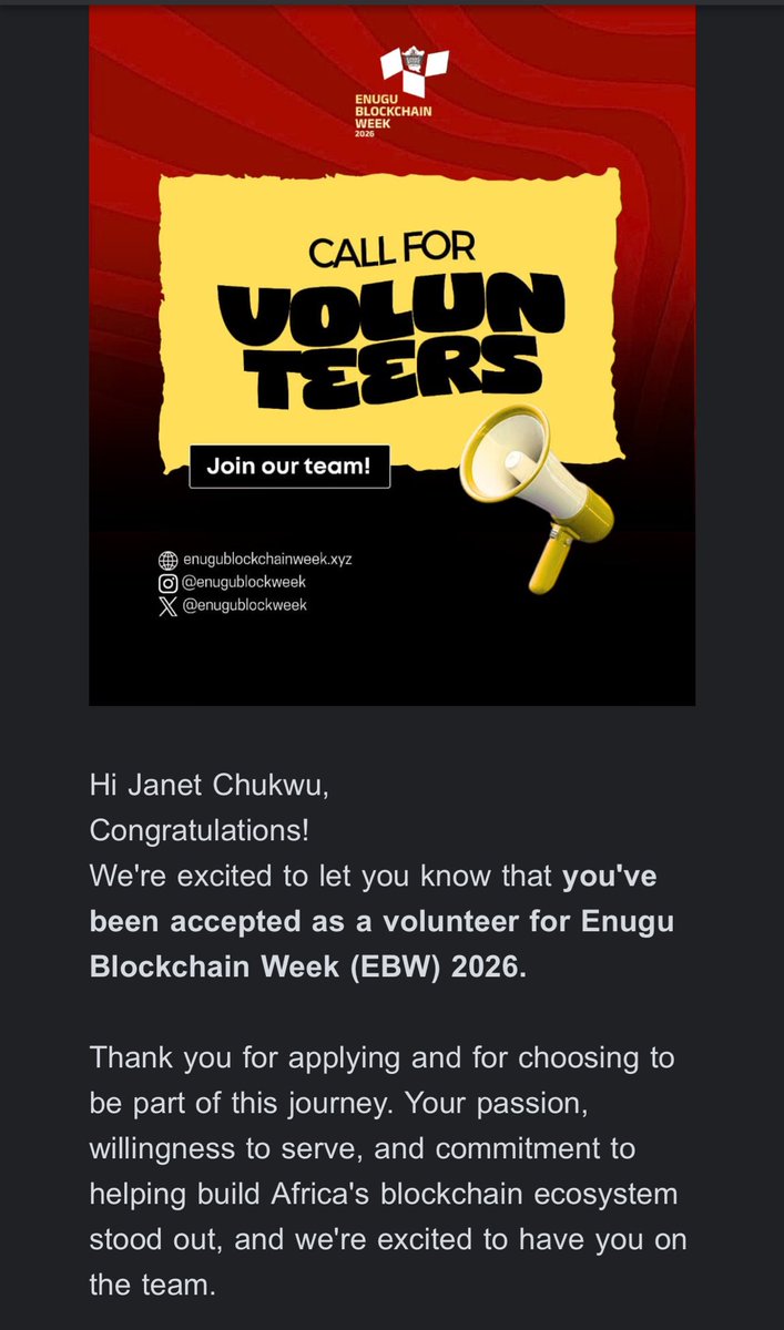 China_Jane001's tweet photo. Excited to share that I’ve been selected as a volunteer for Enugu Blockchain Week! 🎉

Looking forward to an amazing experience.

@enugublockweek 
#EnuguBlockchainWeek #EBW #Volunteer https://t.co/5CceHl6pj8