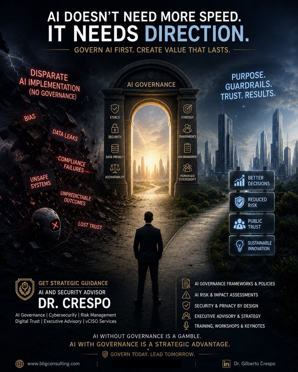 GilCresPer's tweet photo. 🚦 AI moves fast. Trust doesn’t happen by accident.

Without governance, AI becomes risk.
With governance, AI becomes a strategic advantage.
🛡️ Govern first. Innovate with confidence.

#AIGovernance #ArtificialIntelligence #Cybersecurity #vciso #DigitalTrust #BLiGConsulting https://t.co/JpAKpL3Idc