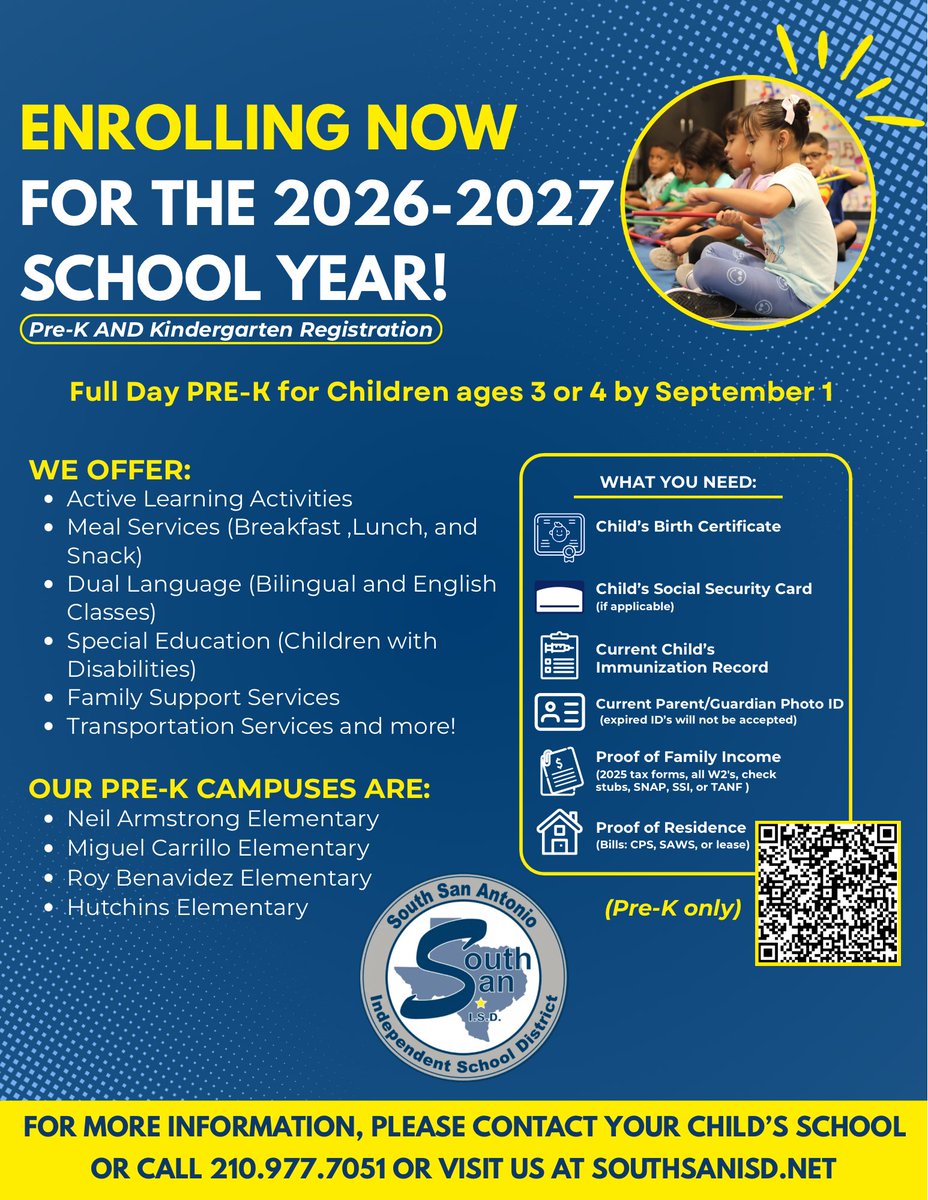 ssaisd's tweet photo. 🍎✏️SSAISD Pre-K and Kinder Roundup is right around the corner! Please review the documents needed to successfully enroll your child and join us on July 14 and 15 at the South San Antonio ISD Administration and Support Center from 1:00 p.m. to 6:00 p.m. https://t.co/2QbTX08Xdz