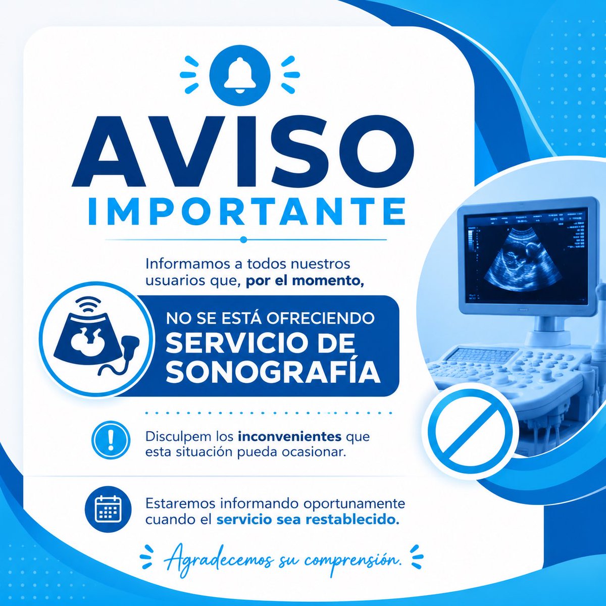 ProvJimani's tweet photo. Informamos a nuestros usuarios que, por el momento, el servicio de Sonografía no estará disponible.

Pedimos disculpas por los inconvenientes que esto pueda ocasionar. Estaremos informando oportunamente cuando el servicio sea restablecido.

#AvisoImportante #Sonografía #Salud https://t.co/L88SaHMTsT