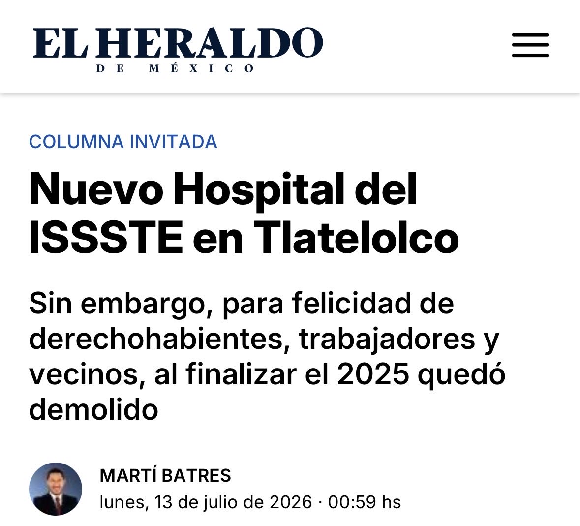 martibatres's tweet photo. Durante 14 años el viejo Hospital del @ISSSTE_mx "Dr. Gonzalo Castañeda" estuvo abandonado. Felizmente quedó demolido en 2025 y en julio de 2026 inició la construcción del nuevo Hospital de Tlatelolco.

https://t.co/bCxKTGR7ee https://t.co/XaVXVYQe9l