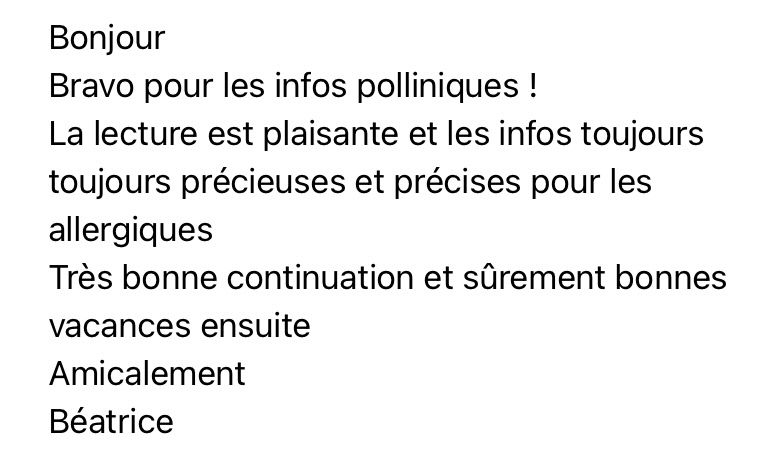 FrancePollens's tweet photo. Il y a des messages qui donnent encore plus de sens à ce que l’on fait au quotidien. ❤️

J’ai reçu celui-ci suite à l’envoi de notre dernier bulletin allergo-pollinique, de la part d’une allergologue.

Ces quelques lignes me touchent beaucoup et m’encouragent à poursuivre le travail que nous menons chaque jour chez Ōberon Sciences avec France Pollens.

C’est exactement pour cela que j’aime mon métier : parce qu’il est utile.

Être capable d’informer en temps réel les personnes allergiques, d’aider les professionnels de santé dans leur pratique, d’accompagner les collectivités, les laboratoires pharmaceutiques et tous les acteurs concernés grâce à nos capteurs, nos bulletins allergo-polliniques, nos cartes, nos notifications et nos publications sur les réseaux sociaux… c’est une vraie motivation au quotidien.

Chaque donnée collectée, chaque alerte diffusée et chaque conseil partagé peut aider des milliers de personnes à mieux anticiper les risques liés aux pollens.

Un immense merci à toutes celles et ceux qui suivent les informations de France Pollens, nous font confiance et prennent le temps de nous adresser des messages comme celui-ci. C’est une reconnaissance précieuse pour toute notre équipe et cela nous pousse à aller toujours plus loin.

Merci pour votre confiance ! 🌿
👉Carte des risques d’allergies pour ces prochains jours pour les pollens en circulation dans l’air : https://t.co/q0JbhJNg4E

#Pollens #Allergies #Reconnaissance #Merci #QualitéAir
