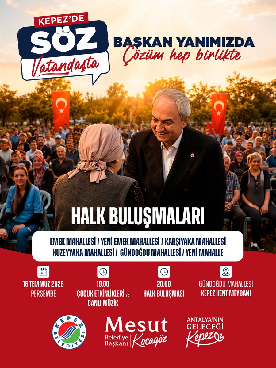 mesutkocagoztr's tweet photo. Kepez’in gerçek söz sahibi olan hemşehrilerimizle bir araya geliyoruz.

Kentimizin sorunlarını, yapılması gereken çalışmaları hep birlikte konuşacak, ortak akılla hareket edeceğiz.

Emek, Yeni Emek, Karşıyaka, Kuzeyyaka, Gündoğdu ve Yeni Mahalle Buluşması’nda sizlerden gelecek talepleri anında değerlendirmeye alacak, çalışma arkadaşlarımızı harekete geçireceğiz. Hızlı çözümler ve dayanışma gücümüzle söz vatandaşta.

Birlik, beraberlik ve paylaşmanın gücünü büyüteceğimiz buluşmamıza tüm hemşehrilerimiz davetlidir.

🗓️ 16 Temmuz Perşembe
🕖 19.00 – Çocuk Etkinlikleri ve Canlı Müzik
🕗 20.00 - Halk Buluşması
📍 Gündoğdu Mahallesi Kepez Kent Meydanı
