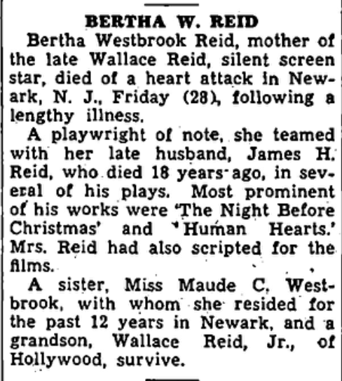 WallaceReid_'s tweet photo. Silent film star Wallace Reid's mother Bertha Westbrook Reid,  August 17, 1867 - 28 Jul 1939 (aged 71) dies #obit https://t.co/cYxRBggHiu