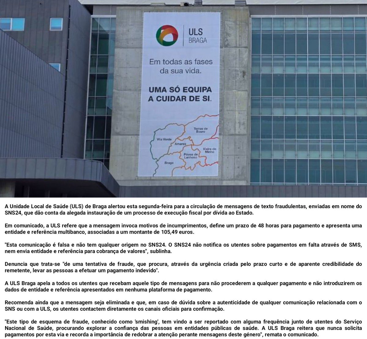 pacos_em's tweet photo. ULS de Braga alerta para SMS fraudulentas sobre alegadas dívidas https://t.co/hHEl0m8SwL