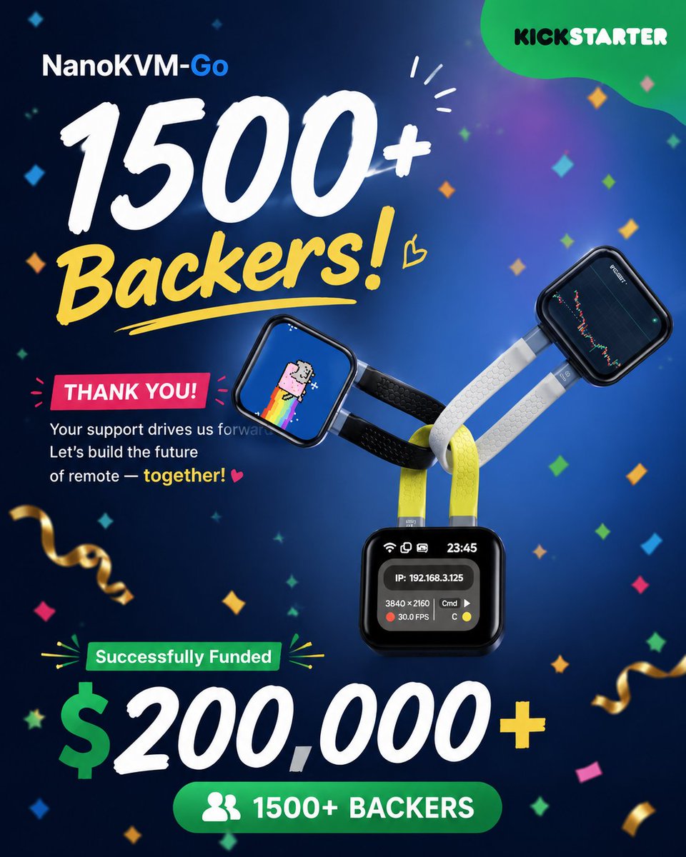 SipeedIO's tweet photo. 🎉1,500+ backers &amp; $200,000+ raised in just 12 days!🚀
HUGE thanks to everyone who supported #NanoKVM-Go!❤️
To celebrate this milestone, we’ve added 30 EXTRA Early Bird spots for the Go&amp;Go+ bundle.
Grab yours before they’re gone—or bring a friend along!✨
https://t.co/IdBNtBAGsZ https://t.co/0G1jUlIoPx