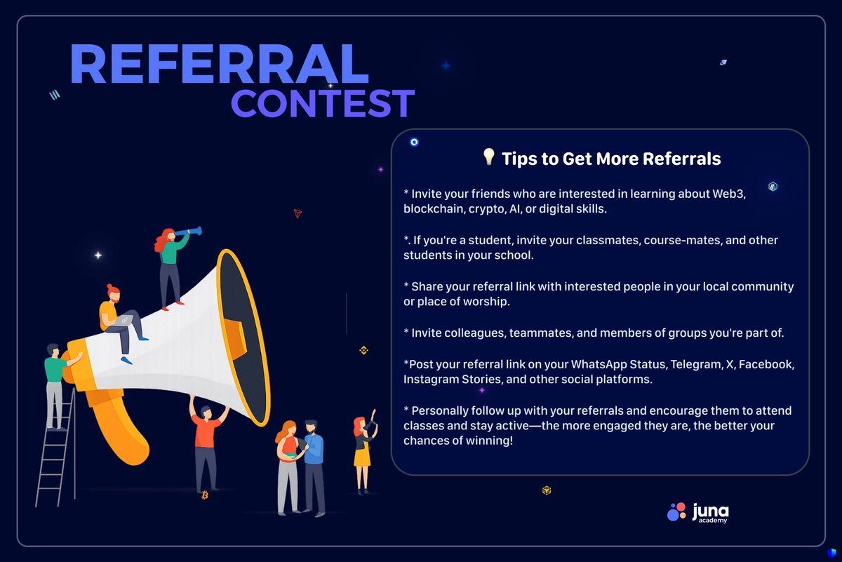 AzizDropy's tweet photo. 🚨 @Juna_academy Referral Challenge is LIVE!

Help grow the Juna Academy community and compete for your share of the $100 Prize Pool by inviting quality members and staying active throughout the campaign. 🚀

🏆 Prize Breakdown
🥇 1st — $40
🥈 2nd — $30
🥉 3rd — $30

📌 How to Join
• Request your personal referral link from the Juna Academy team.
• Invite real users using your unique link.
• Encourage your referrals to actively participate in Juna Academy.

🏅 Winner Criteria
✅ Number of verified referrals
✅ Referral participation rate
✅ Your community engagement
✅ Attendance & participation in Juna Academy classes

❌ Fake, duplicate, or suspicious referrals will be disqualified.

📅 Ends: July 30

🔗 https://t.co/yGRuu2rm0f

Start inviting today and climb the leaderboard! 🔥
#JunaAcademy #ReferralChallenge #Crypto #Web3