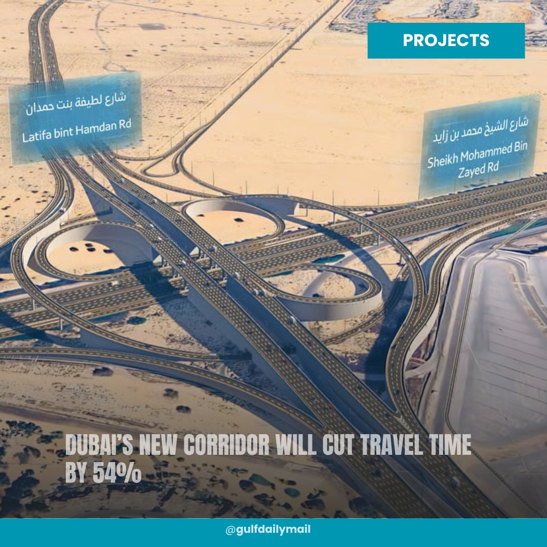 GULFMAIL's tweet photo. #Dubai’s new Dh2B Latifa bint Hamdan Corridor will slash travel time between Umm Al Sheif St and Emirates Rd by 54% — from 33 minutes to just 15. 🚗

The project will connect six major roads, serve 650,000 people and be completed by 2028.

🔗 https://t.co/7J8RHKGwaX https://t.co/bLNjaSanNA