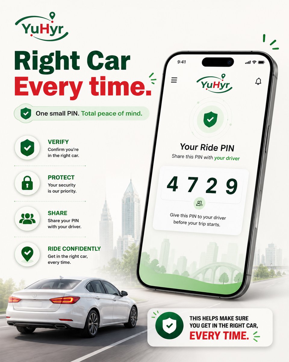 getyuhyr's tweet photo. 🔐 No PIN. No Trip.

Every YuHyr ride starts with a unique 4-digit Ride PIN to help prevent wrong-rider pickups.

Safety isn't optional. It's built in.

🟢 https://t.co/nLw78gPIIj

#YuHyr #RideSafe https://t.co/wzE86X07YM