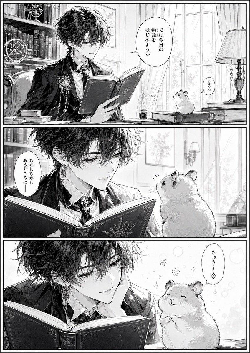 Gothic Bishounen Reads to Hamster