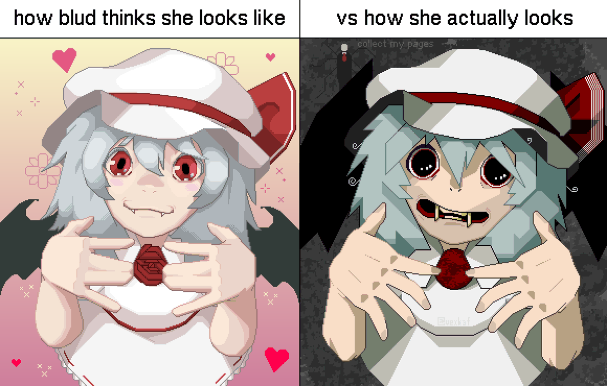 Vexkaf's tweet photo. Looking in the mirror vs taking a selfie 

#東方Project #pixelart https://t.co/DYUhpJQ72l