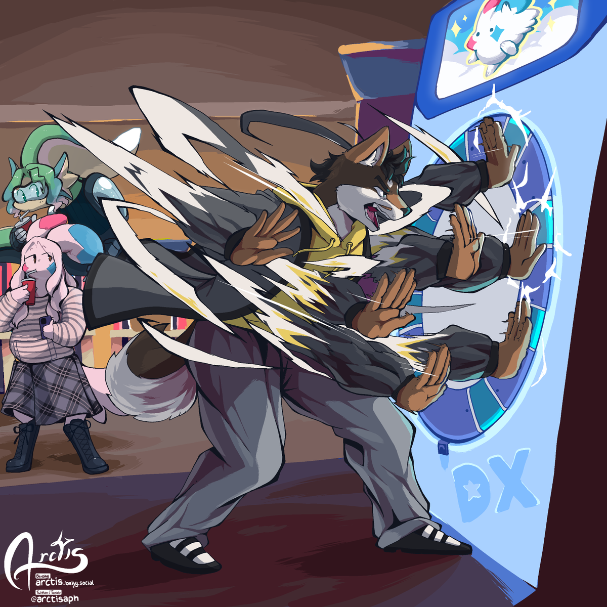 arctisaph's tweet photo. New ArtFight attack for @Jhay_Ru_! He is gaming very hard on Maimai, my my.
#artfight2026 #teammystery #anthro #ocart https://t.co/Z77R38Bkxn