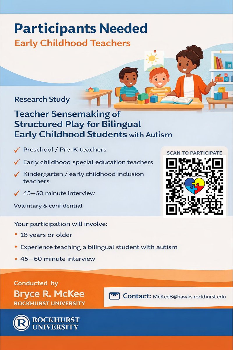 brycermckee's tweet photo. Officially starting my research! 📣

"Teacher Sensemaking of Structured Play for Bilingual Early Childhood Students with Autism"

Seeking Pre-K, early childhood SPED &amp; inclusion teachers for a 45–60 min interview. Voluntary &amp; confidential.

#EarlyChildhoodEducation #Autism https://t.co/QgoiFlIAhc