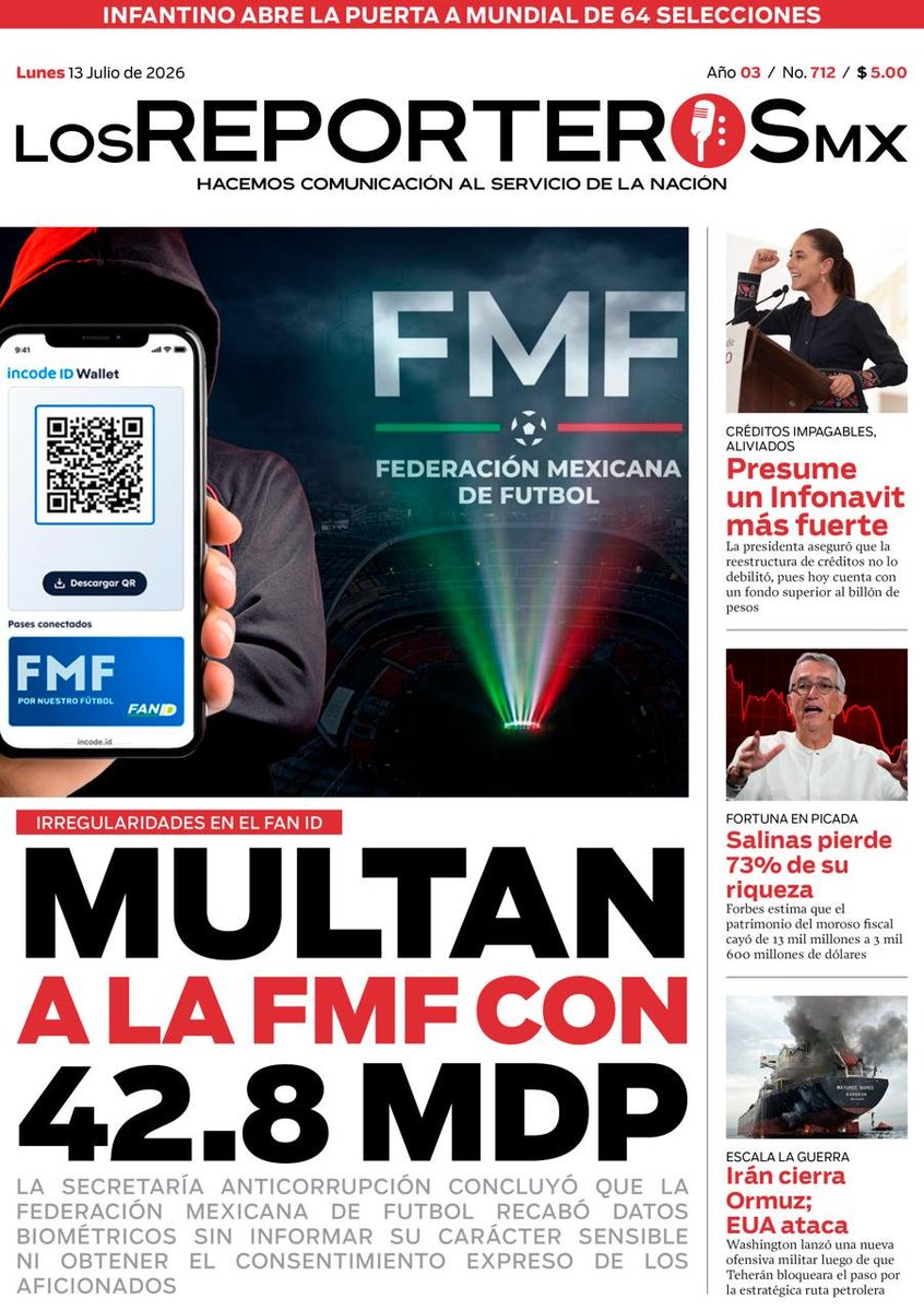 ReporterosMX_'s tweet photo. ⭕#LosReporterosMX 📰 I ¡Buen día! Esta es p portada de este 13 de julio del 2026.

La Secretaría Anticorrupción y Buen Gobierno (@BuenGobierno_mx) sancionó a la Federación Mexicana de Futbol (@FMF) con una multa de 42.8 millones de pesos por violaciones a la Ley Federal de Protección de Datos Personales, relacionadas con el sistema FAN ID. La dependencia determinó que el organismo obtuvo y trató datos biométricos de aficionados sin cumplir con los requisitos legales de información y consentimiento expreso. https://t.co/QsMz6uEabw