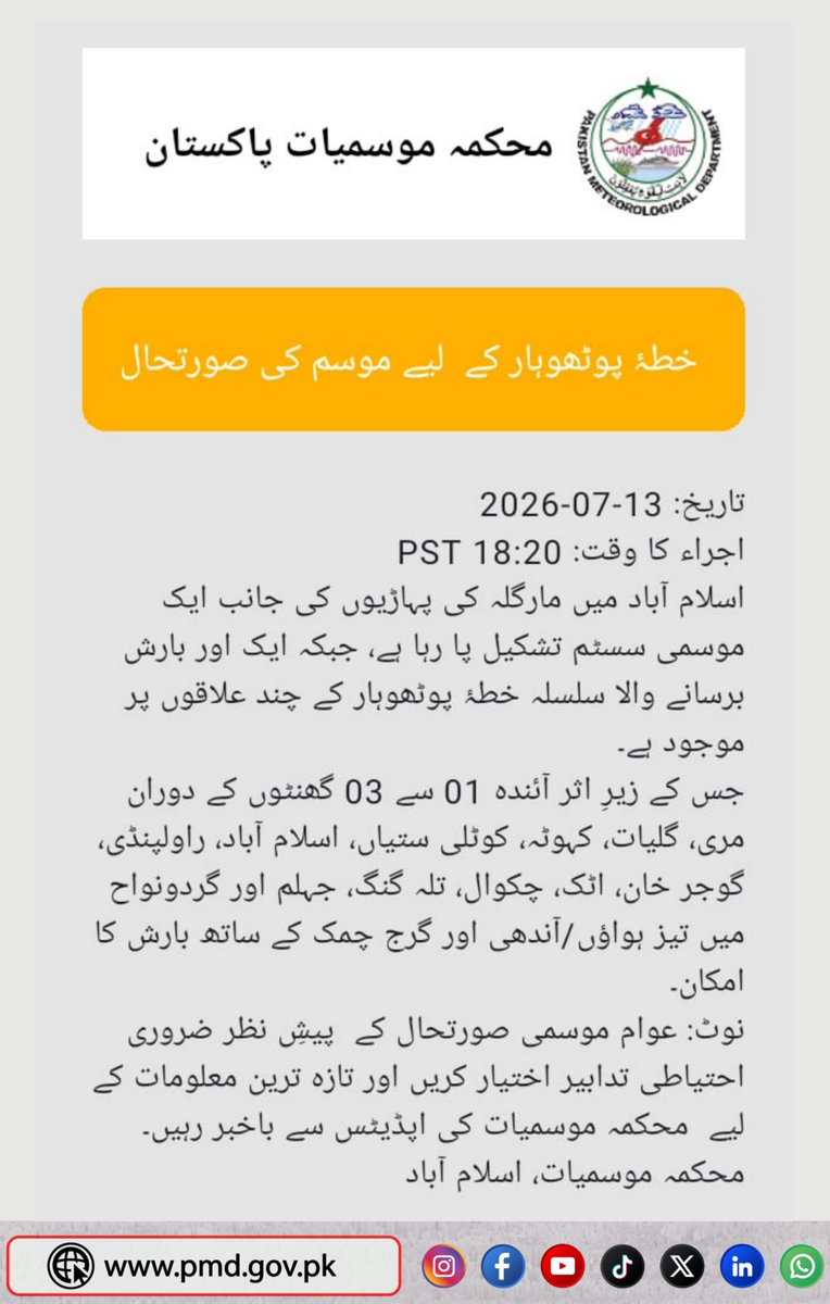 pmdgov's tweet photo. Rain-Wind/Thunderstorm with Gusty Winds Likely in Islamabad, Rawalpindi and Potohar Region During Next 01–03 Hours.
#PMD #PakistanWeather #WeatherUpdate #RainAlert #ThunderstormAlert #GustyWinds #IslamabadWeather #PotoharRegion #Rawalpindi #Murree #Galiyat #Kahuta #KotliSattian https://t.co/OkjWhkOnVo