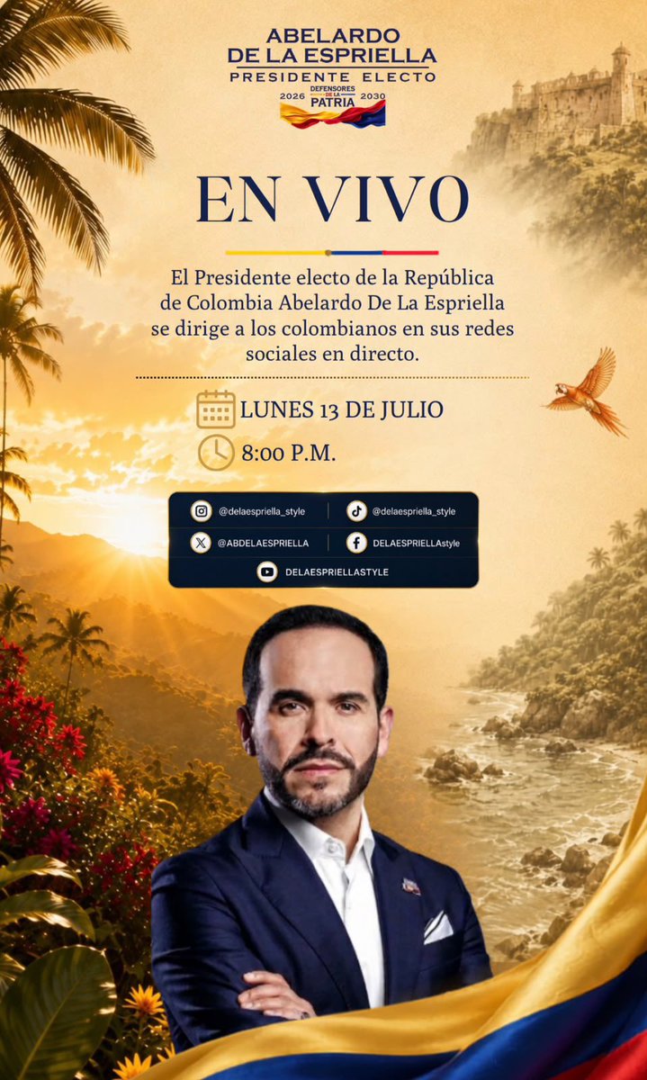 ANIABELLO_R's tweet photo. Hoy a las 8 pm, alocución de nuestro presidente @ABDELAESPRIELLA por sus redes sociales 🐯 https://t.co/1ulHZq52Ui