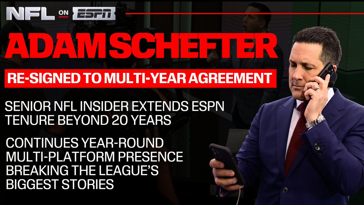 ESPNPR's tweet photo. Congratulations, @AdamSchefter 👏

One of sports media's most trusted voices is staying with ESPN, continuing to deliver the NFL's biggest news &amp; stories across every platform for years to come

More: https://t.co/VOGi98Q9aK https://t.co/zGIobGfV0G