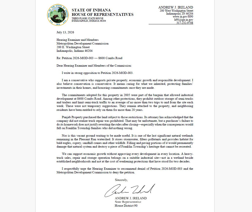 AndrewIrelandIN's tweet photo. Punjab Property bought land in Franklin Township and now wants city approval to pave over part of one of our last wetlands.

Conservatives believe in conserving what cannot be replaced. This wetland is part of our heritage, and I hope this petition is denied https://t.co/eJnKOKFyqS