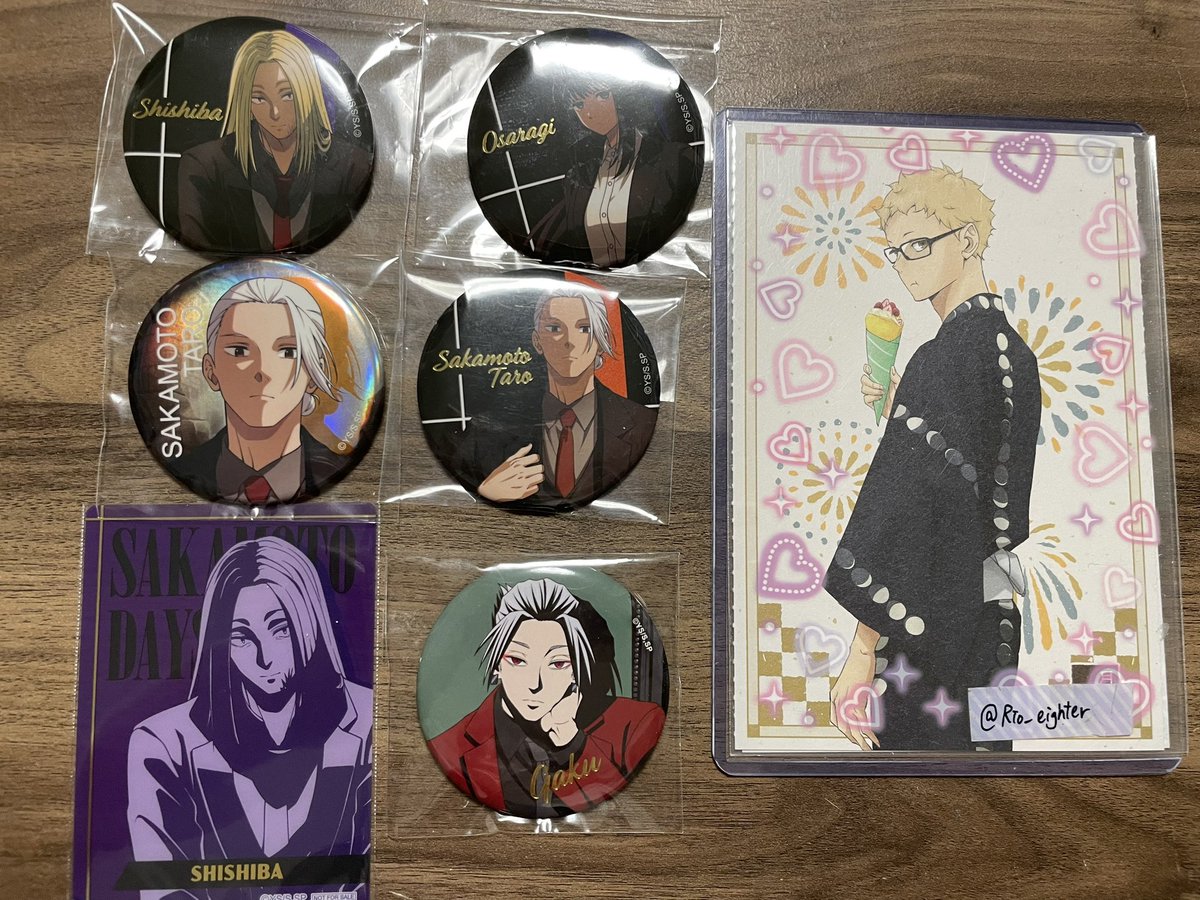 _Rio_eighter's tweet photo. [交換/譲渡] SAKAMOTO DAYS PLAZA ロフト　Chair -Order&amp;Enemies- 箔押し　オーロラ　バッジ　特典

譲：神々廻　大佛　楽　坂本
求：chairバッジ夏生
　　箔押し　夏生　シン　定価
　　オーロラ　シン　定価
　　シン>夏生 https://t.co/bZ0xRe9stR