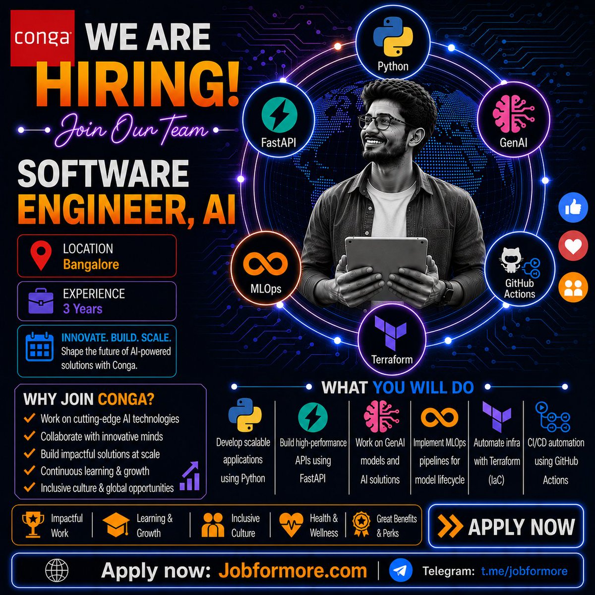 jobformore's tweet photo. π Software Engineer AI @ Conga
π Bangalore | 3 Years
π BE/BTech
π» Python, FastAPI, GenAI, MLOps, Terraform, GitHub Actions
#Jobformore #Conga #SoftwareEngineerAI #BangaloreJobs #AIJobs
Apply: https://t.co/5utsApbbOf https://t.co/6Pp3uxu3FH