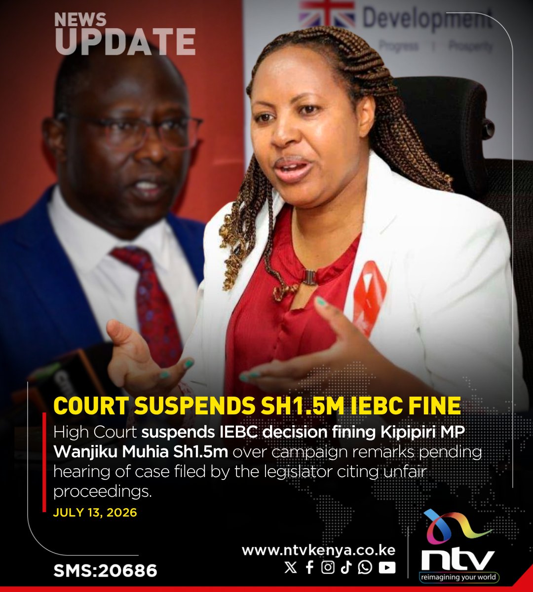 ntvkenya's tweet photo. High Court suspends IEBC decision fining Kipipiri MP Wanjiku Muhia Sh1.5m over campaign remarks pending hearing of case filed by the legislator citing unfair proceedings. https://t.co/jKon4aqctd