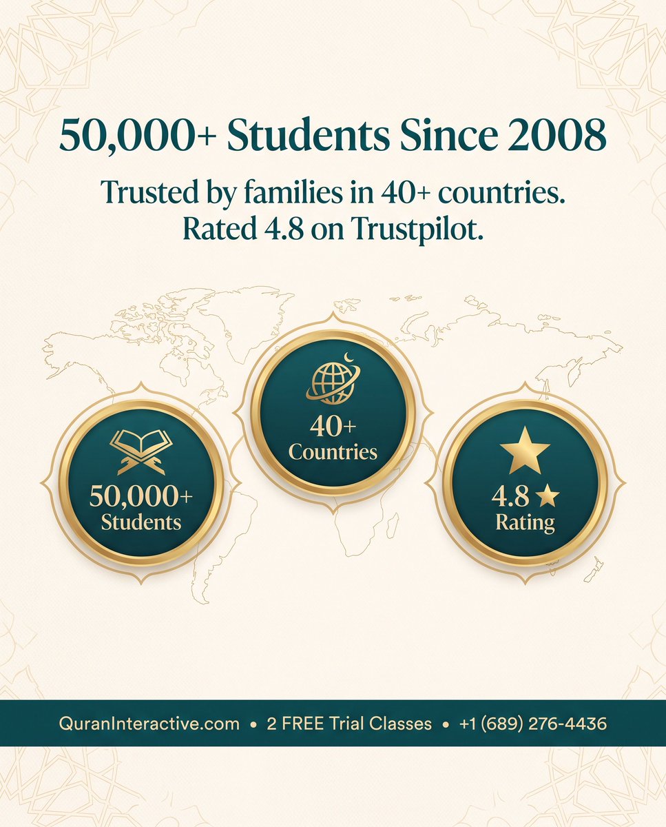 QuranExplorer's tweet photo. 50,000+ students taught since 2008. Families in 40+ countries. Rated 4.8 ★ on Trustpilot.

Give your child a personal Quran teacher at https://t.co/6Tmgr8OEQ1.

🎁 2 FREE trial classes → https://t.co/n2Ev5dXlrn https://t.co/MVoZw9GNZD