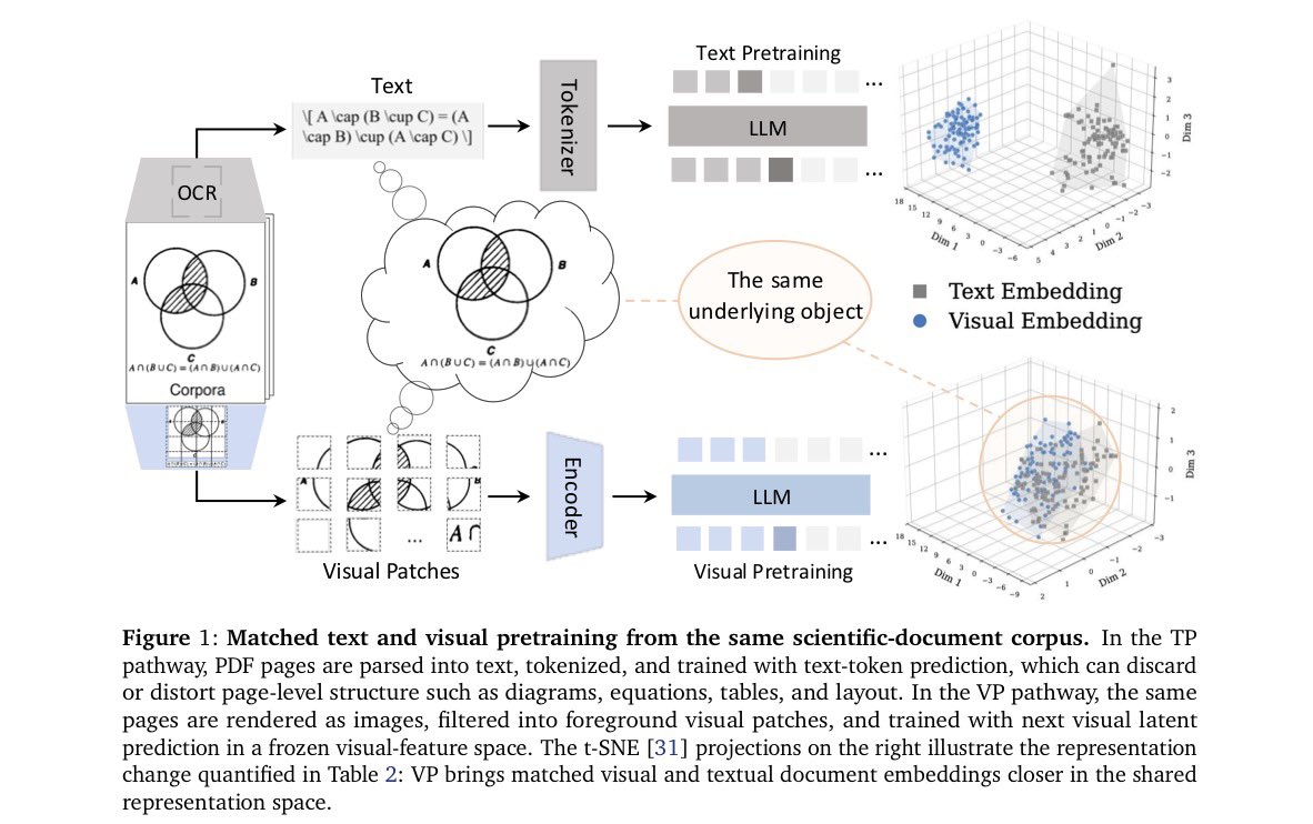 Paper figure contrasting OCR-to-text pretraining with visual-patch pretraining on the same scientific-document corpus