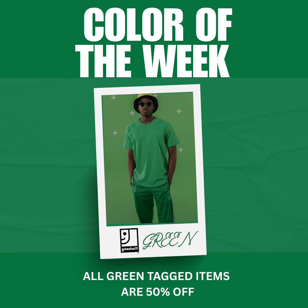 GoodwillSELA's tweet photo. Visit any #goodwillsela location this week and get 50% off green tagged items.

Please Note: Our Goodwill Outlet Store is excluded from the color of the week sale.

#thrift #thriftdat #thriftstorefinds #shop #shopsecondhand #thrifting #goodwillfinds #goodwillfind #sale https://t.co/vmbExfeUs5