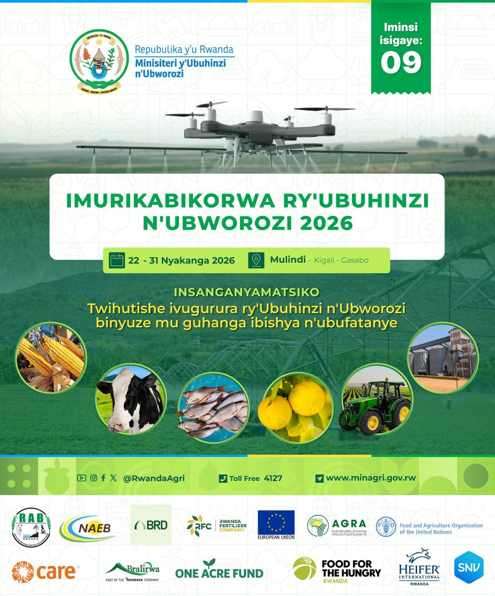 RwandaAgri's tweet photo. 9 days to go!

Are you ready to take your farm or agribusiness to the next level? Join us from 22–31 July 2026 at Mulindi, in Kigali, and discover products, services, and practical solutions to support your growth.

Register today: https://t.co/BI1M6CWBAu

#RwandaAgriShow2026 https://t.co/9mptWEwzmL