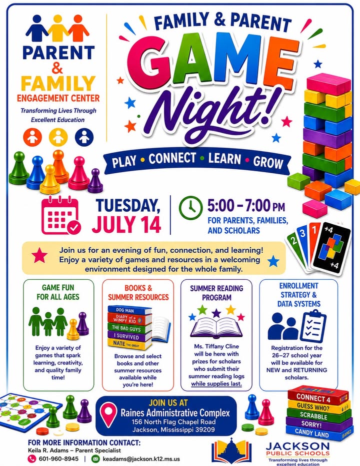 JPSDistrict's tweet photo. TUESDAY! Parents, you're invited to join us for Family and Parent Game Night on Tuesday, July 14 from 5 to 7 p.m. at the Raines Administrative Complex. Scholars and families can enjoy games, get summer reading resources, and register for the upcoming school year. See you there! https://t.co/zTQEuYw9U8