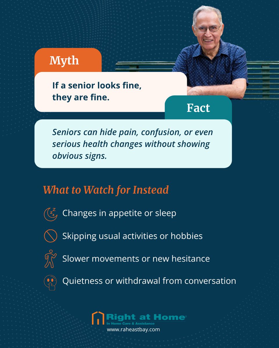 raheastbay's tweet photo. Just because a senior says, ""I'm fine,"" doesn't always mean everything is okay
Small changes in appetite, sleep, #mobility, or social interaction can be early #signs that extra support is needed
#inhomecare #caregiving #aging #Compassion #aging #HealthTips #Wellness #California https://t.co/w29fLeOXhf