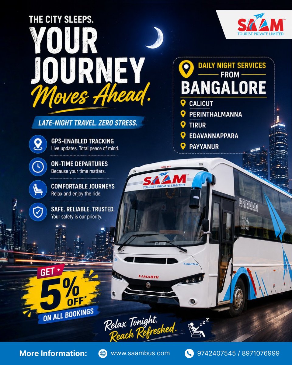 SAAMTOURIST's tweet photo. The city slows down. Your journey doesn't.
Travel overnight with #SAAMTourist and arrive refreshed with safe, GPS-enabled journeys and reliable on-time departures. 
Get a 5% Discount!
Book your hassle-free tickets at https://t.co/IJW7jT0c1x
#NightTravel #TravelSmart #LuxuryBus https://t.co/0mHvWUA9cQ