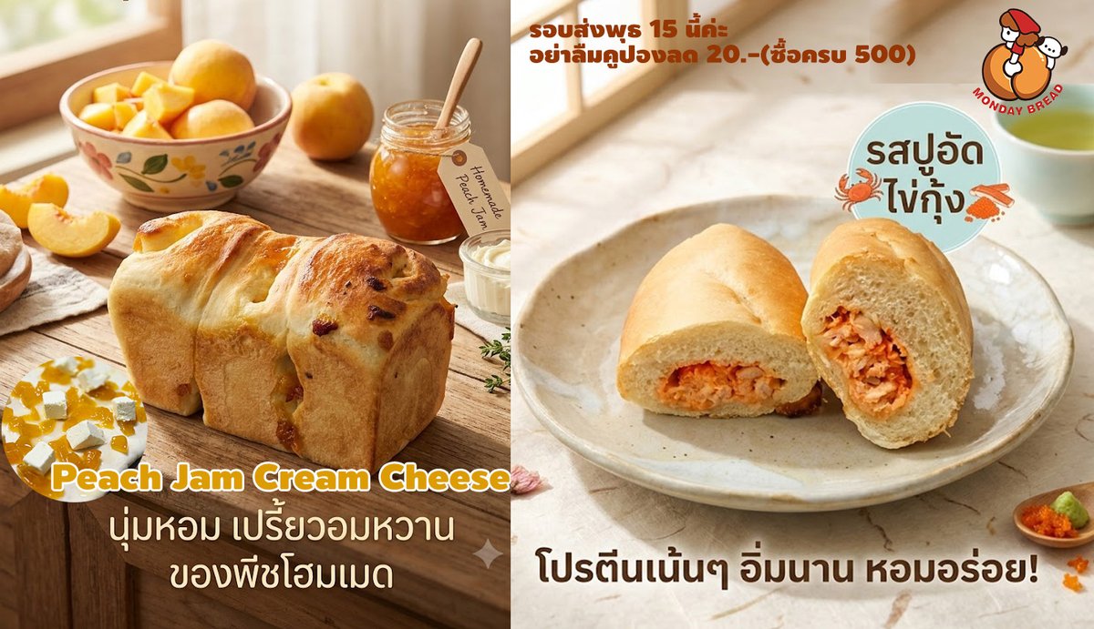 MondayBread3568's tweet photo. ขนมปังวีคนี้ค่า
มีขนมปังพีชแยมครีมชีสนะคะ
โปรตีนบันรสใหม่แก้เบื่อแต่คงใส่อกไก่เหมือนเดิม เพิ่มปูอัดกับไข่กุ้งให้มีรสชาติค่า อร่อยอิ่มมาก
รอบส่งพุธนี้ค่า
ฝากรีด้วยน๊าน้องๆ พี่ไหว้ย่อ
https://t.co/VMyKEZCVF7 https://t.co/tG2GxtgwuL
