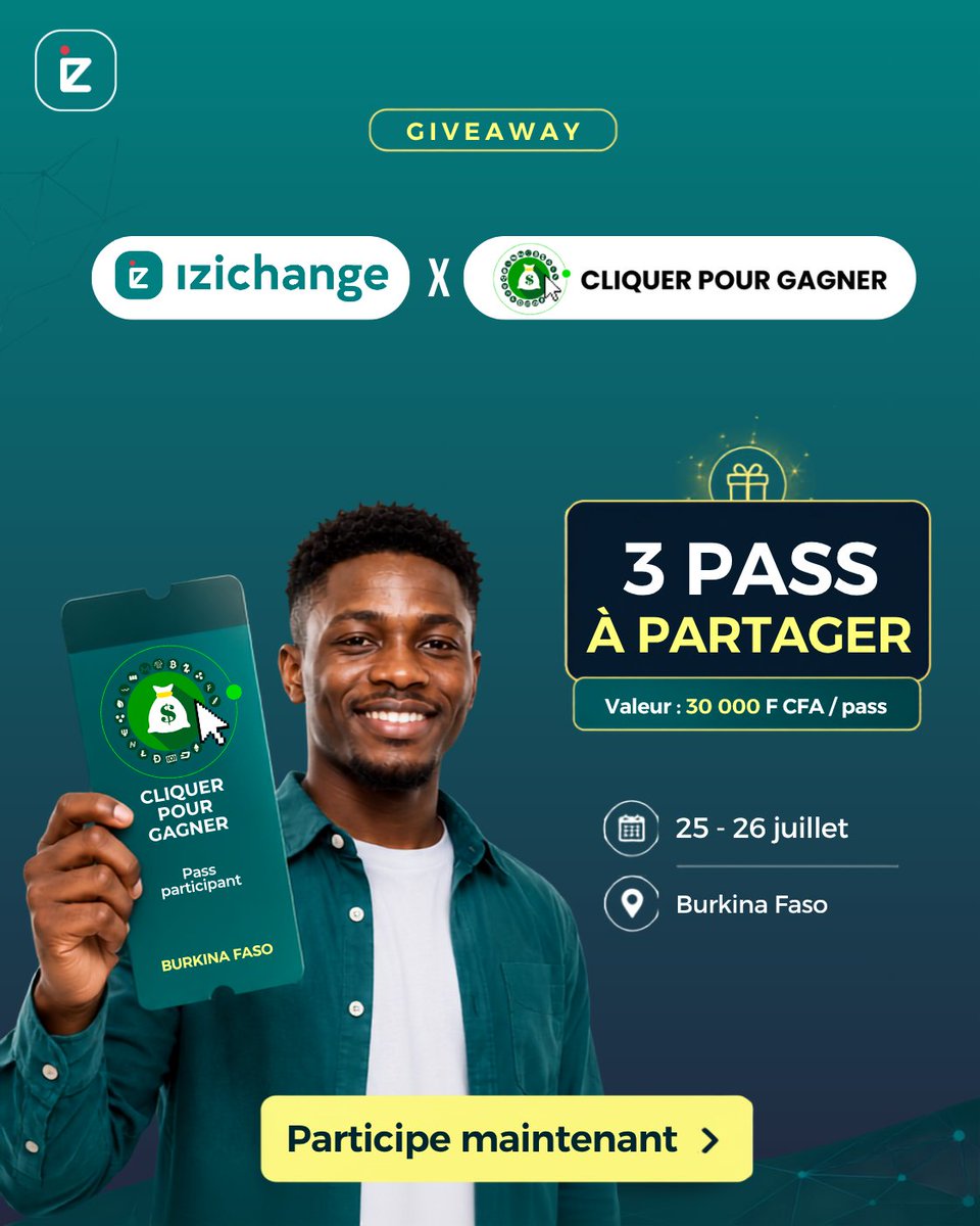 IZIchange's tweet photo. Tu es au Burkina? 

🎁 Tente de décrocher un pass pour assister  a l'évènement Cliquer pour gagner au Burkina!  
 
Ça te tente ? 
Toutes les conditions en com 👇 https://t.co/HY3LbgM7LM