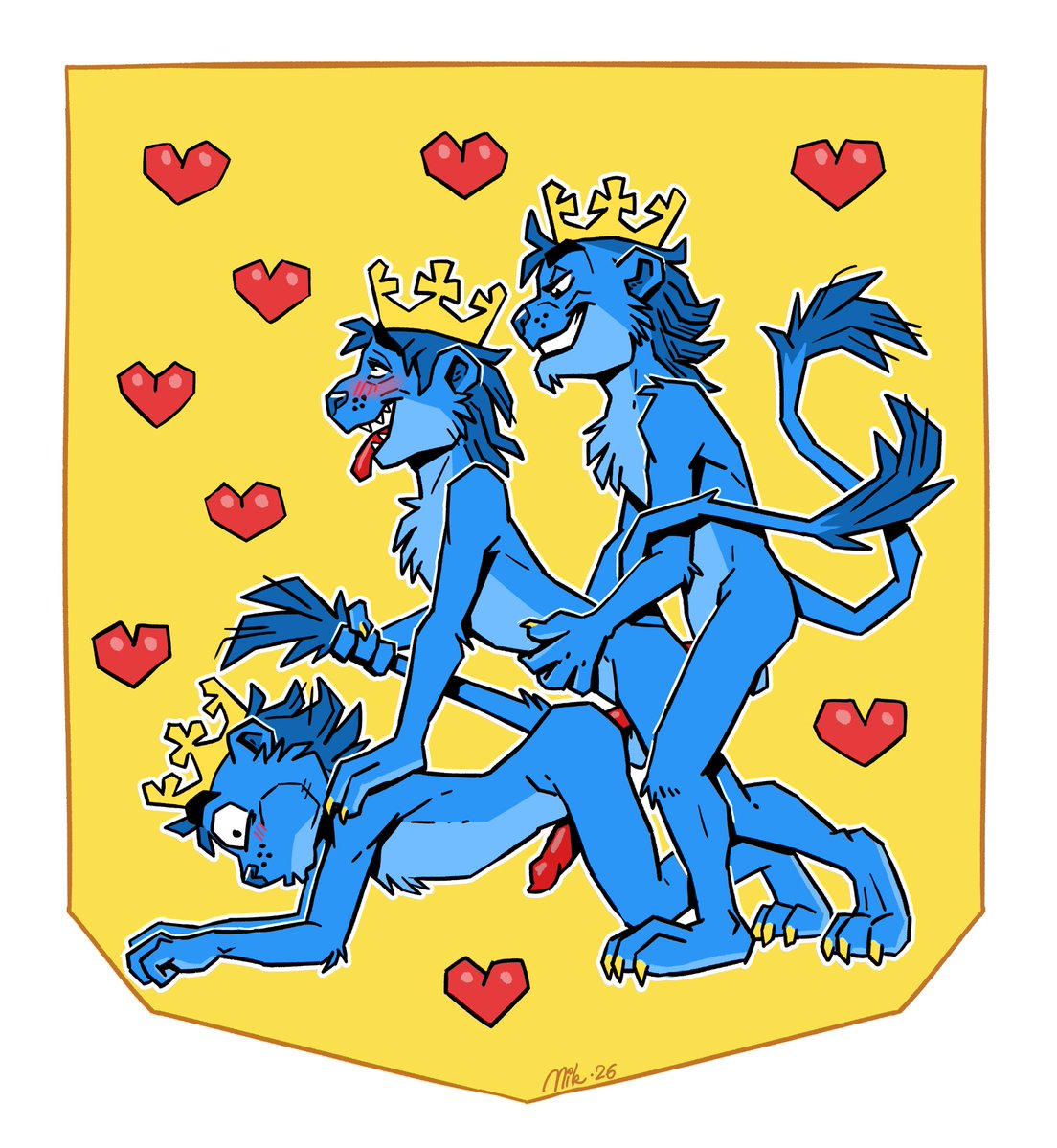 NikRaccoom's tweet photo. Since I've been a lot in Denmark lately, I felt like paying some respect to the country by redesigning its coat of arms~ Now three royal kitties are doing what they do best!

❤️🦁❤️🦁❤️🦁❤️ https://t.co/GxkAood6gi