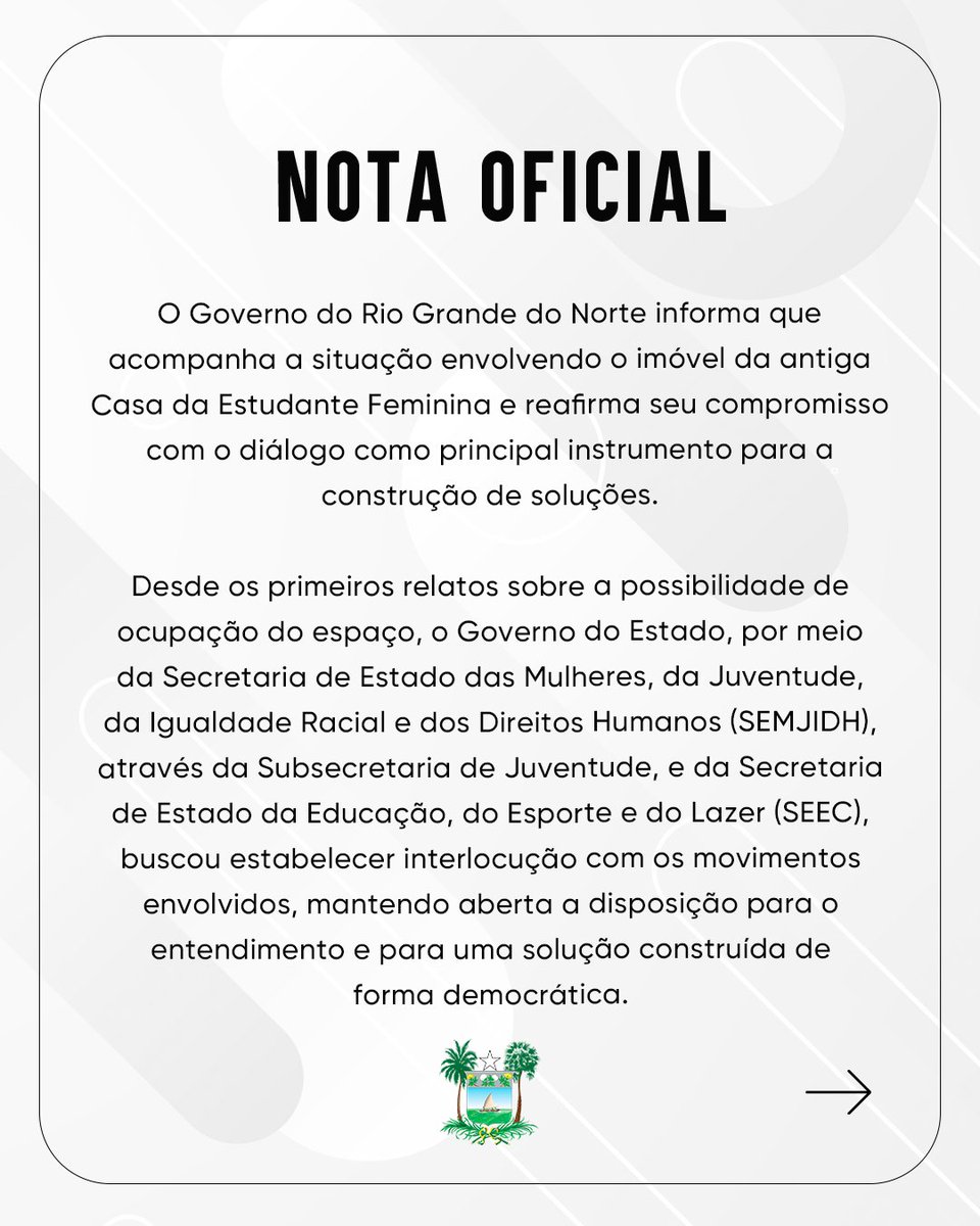 GovernodoRN's tweet photo. NOTA

O Governo do Rio Grande do Norte informa que acompanha a situação envolvendo o imóvel da antiga Casa da Estudante Feminina e reafirma seu compromisso com o diálogo como principal instrumento para a construção de soluções. https://t.co/7LLtkpJw2v