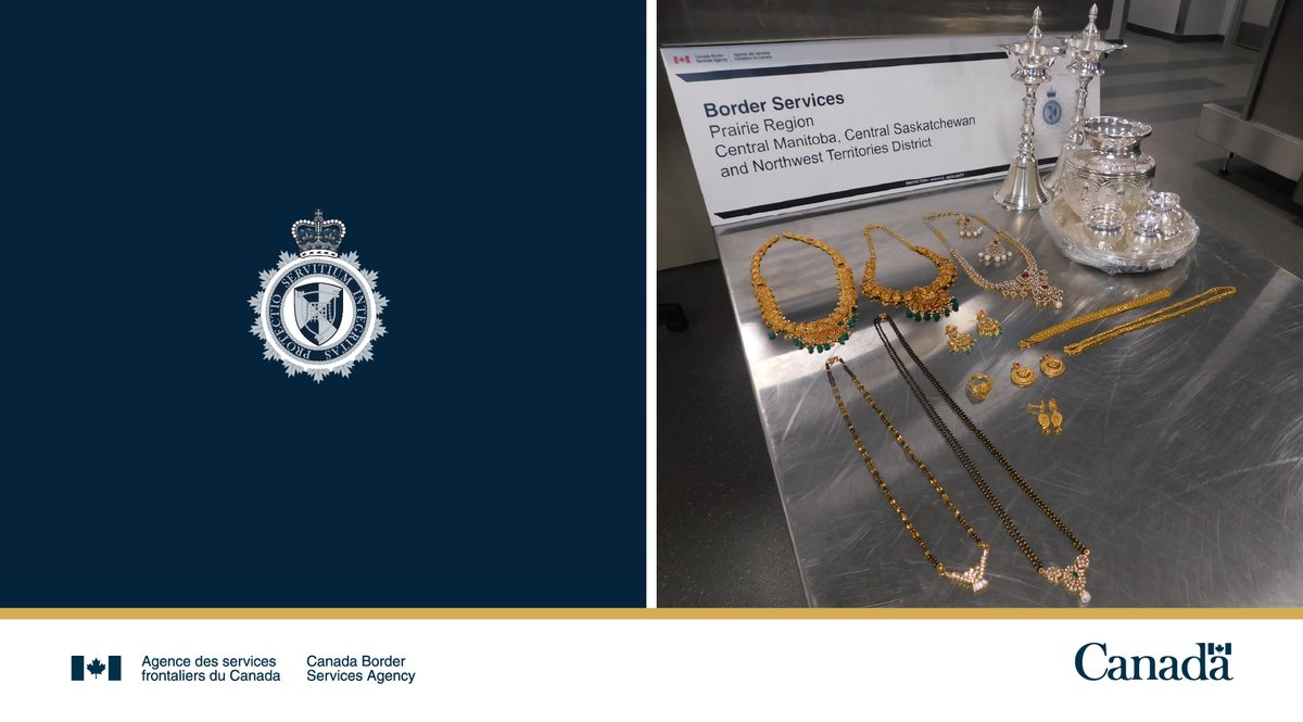 FrontiereCanPRA's tweet photo. L’#ASFC a saisi des objets de grande valeur non déclarés d’un voyageur à l’aéroport international de #Saskatoon, dont 17 bijoux et 7 ornements en argent.

Le voyageur doit payer environ 23 K $ pour récupérer les articles + et 11 K $ pour fraude fiscale et douanière. https://t.co/Pv0suVVVdf