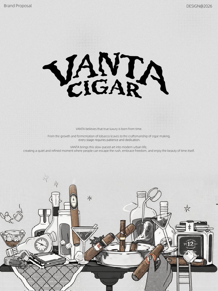 Sambozyb's tweet photo. VANTA CIGAR
A dark private cigar space for modern gentlemen.
Rugged custom logo + retro hand-drawn visuals.
Full set of store &amp; packaging branding.
Savor slow time with cigars &amp; fine spirits.
#CigarBar #VisualIdentity #NightLounge #BrandProposal https://t.co/LoSwZmtviG