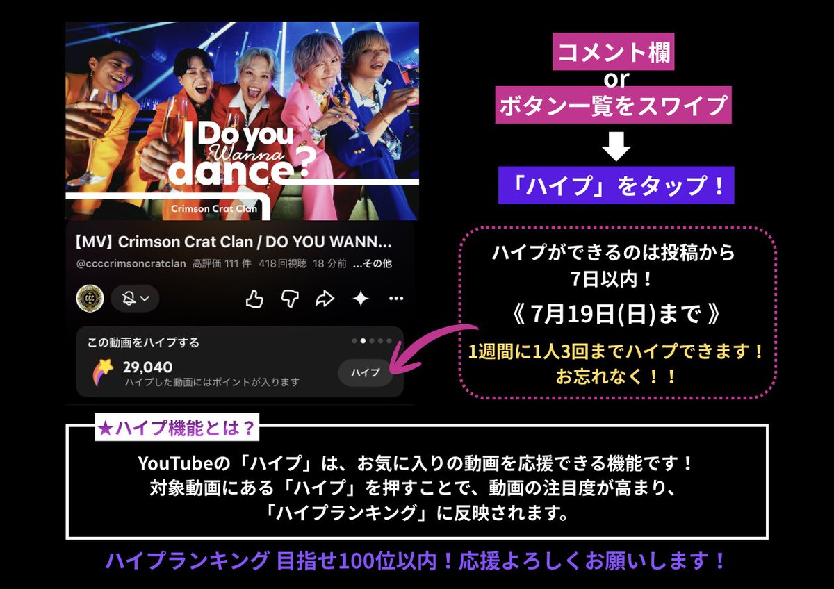 CrimsonCratClan's tweet photo. \✨🪩みんなのハイプで広げよう🪩✨/
「DO YOU WANNA DANCE?」MV公開❤️🔥
🎥https://t.co/IRGxz6EXSR
YouTubeの「ハイプ機能」で応援をお願いします!
みなさんのハイプが新しい誰かとの出会いに繋がります✨
みんなで #DOYOUWANNADANCE を広めよう🕺💃
#DOYOUWANNADANCE
#DYWD
#CCC https://t.co/BH35z8lifS