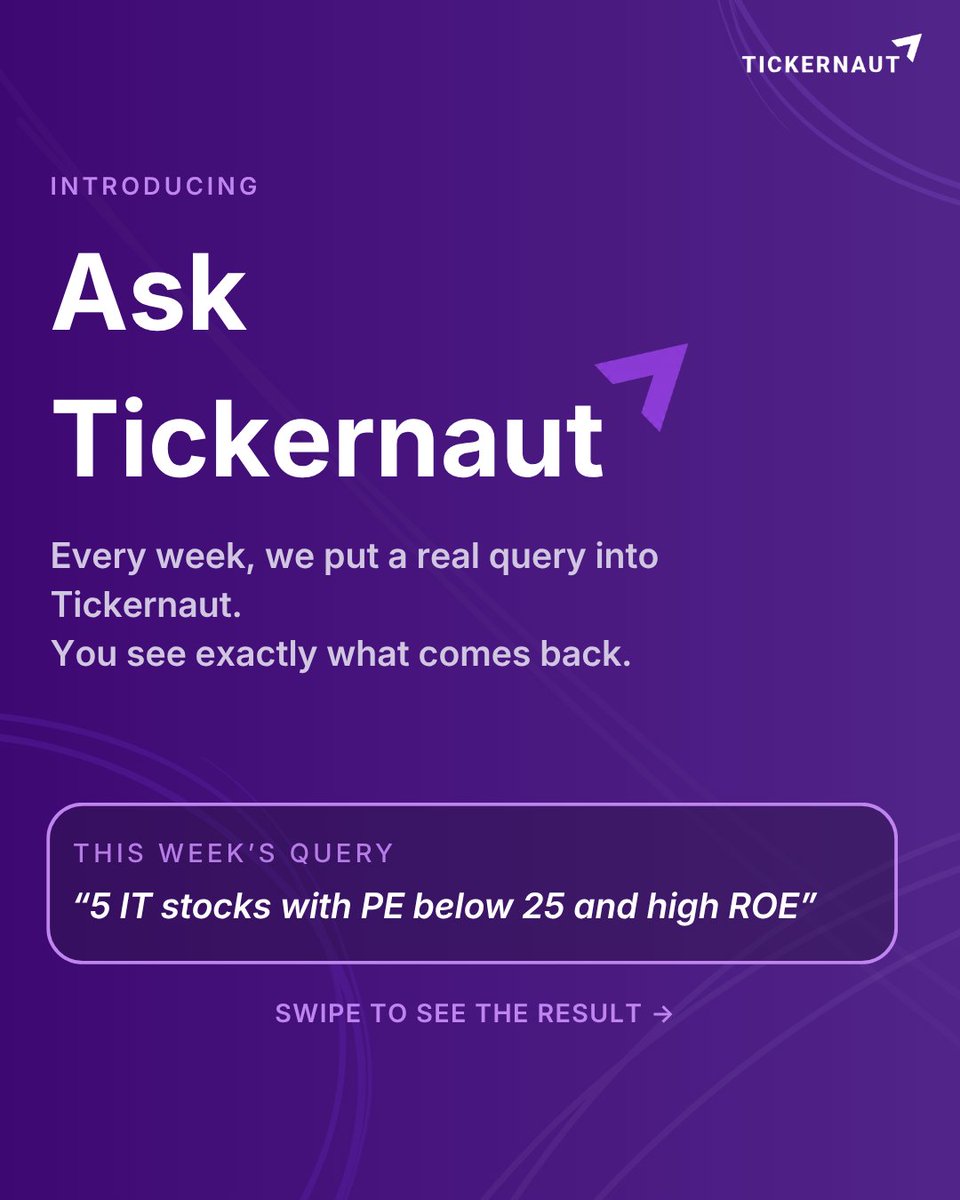 tickernaut's tweet photo. Every week we run a real query on the platform and show exactly what comes back.

This week: "5 IT stocks with PE below 25 and high ROE"
🧵 https://t.co/aBsmavcS5n