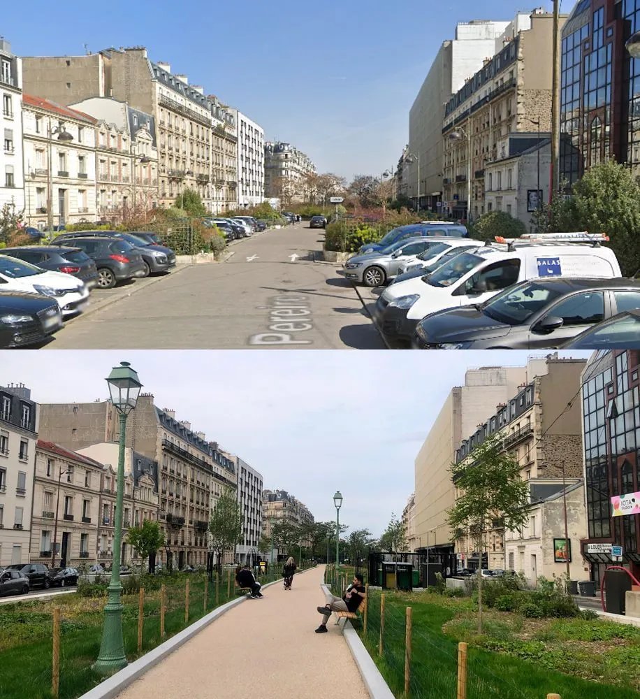 EmmanuelSPV's tweet photo. Avant / Après sur le terre-plein de la fin du Boulevard Péreire dans le 17ème arrondissement de Paris. Le parking automobile a été supprimé pour prolonger la piétonnisation jusqu'à la nouvelle Porte Maillot. Le  chantier a été terminé en 2026 peu avant les élections. https://t.co/TJJGZLMac7