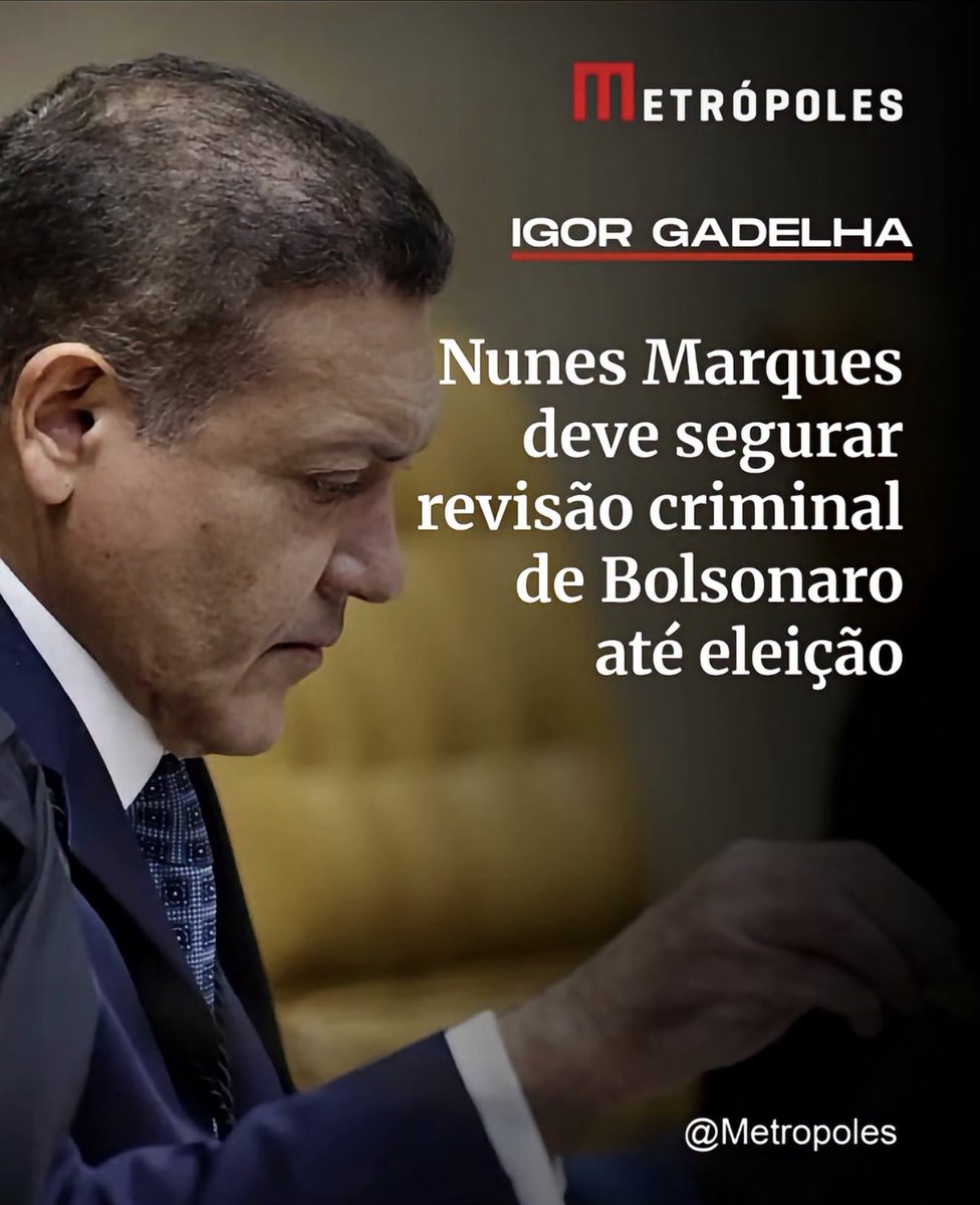 Pri_usabr1's tweet photo. Kassio Nunes Marques não deve decidir antes das eleições sobre a revisão criminal de Jair Bolsonaro

Auxiliares de Lula esperam que o processo fique parado durante a campanha. Aliados do ministro apostam em decisão favorável a Bolsonaro apenas se Flávio Bolsonaro vencer a eleição https://t.co/wiuVrQFbe8