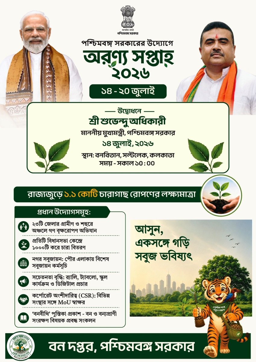icawbgov's tweet photo. পশ্চিমবঙ্গ সরকারের উদ্যোগে রাজ্যজুড়ে ১.১ কোটি চারাগাছ রোপণের লক্ষ্যমাত্রায় অরণ্য সপ্তাহ ২০২৬ উদ্‌যাপন ।
১৪-২০ জুলাই ।

উদ্বোধনে মাননীয় মুখ্যমন্ত্রী, পশ্চিমবঙ্গ সরকার, শ্রী শুভেন্দু অধিকারী।

স্থান: বনবিতান, সল্টলেক, কলকাতা । সকাল ১০ টায়।

আসুন, একসঙ্গে গড়ি সবুজ ভবিষ্যৎ । https://t.co/Zg3zKrGv9Q