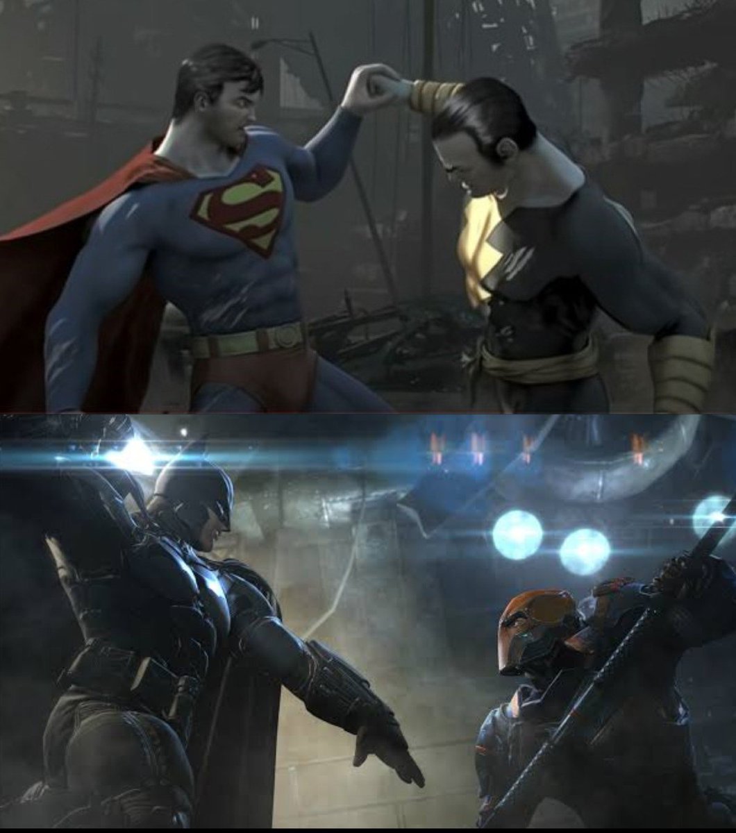 BigBlueFarmboy's tweet photo. The "we had a cool, brief fight in a video game cinematic trailer, so fans were deluded into shipping us together for the next decade until it became an actual creative input in the DCEU" club https://t.co/fXLmIPa89L